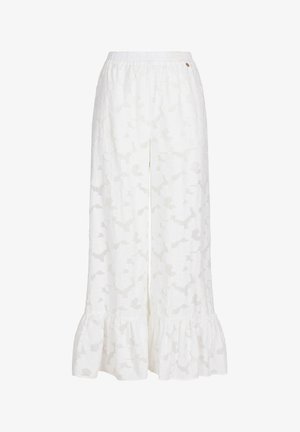 Białe spodnie z szerokimi nogawkami, subtelnym kwiatowym wzorem, elastycznym pasem i marszczonym wykończeniem na dole.