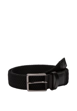Black woven belt with a smooth leather end and silver metal buckle. The braided design offers texture and flexibility in fit.