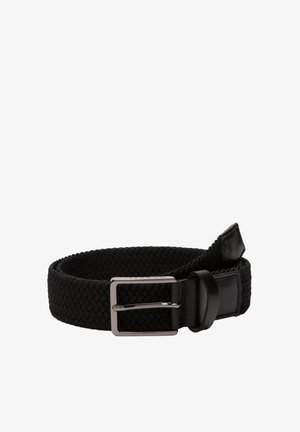 Black woven belt with a smooth leather end and silver metal buckle. The braided design offers texture and flexibility in fit.