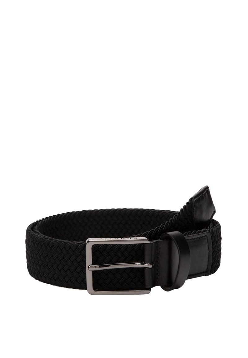Black woven belt with a smooth leather end and silver metal buckle. The braided design offers texture and flexibility in fit.