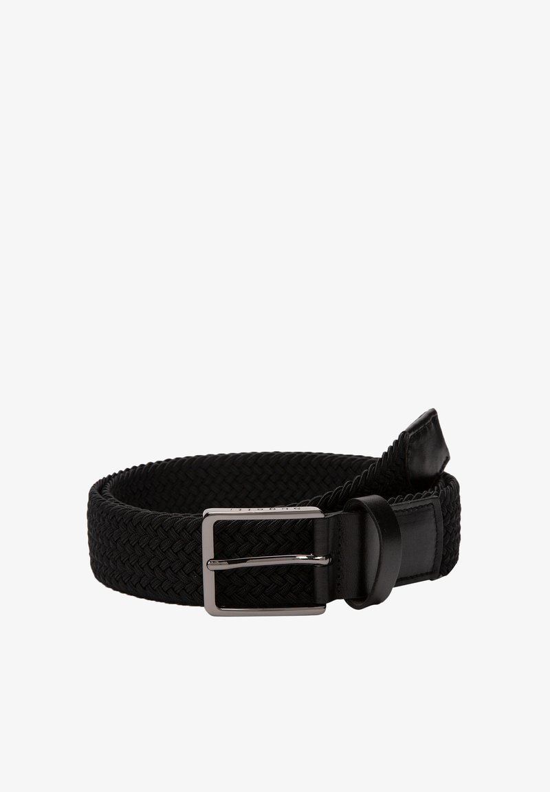 Black woven belt with a smooth leather end and silver metal buckle. The braided design offers texture and flexibility in fit.