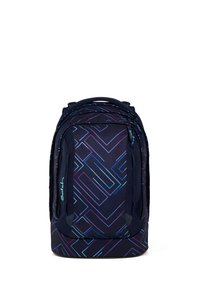 Large dark blue backpack with neon blue and purple geometric lines, multiple compartments, and "Satch" logo on side.