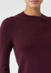 Vrouw in een aansluitende, lange mouwen, pruimkleurige gebreide trui met een ronde halslijn op een witte achtergrond.