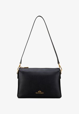 Bolso cruzado de cuero negro con cierre de cremallera, acentos de hardware en dorado y textura suave. Cuenta con una asa ajustable única.