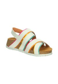 White sandals with multicolored glossy straps in pink, orange, and blue. Cork footbed and white rubber sole, featuring a textured surface.