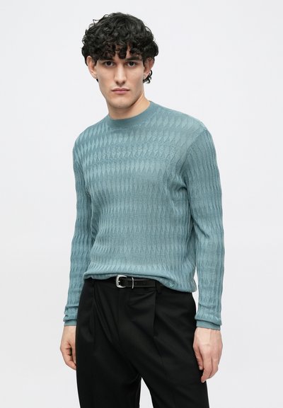 Ανοιχτό μπλε πουλόβερ με μακριά μανίκια και σχέδιο ρόμβου, με ριμπ μανσέτες και στρογγυλή λαιμόκοψη, συνδυασμένο με μαύρο παντελόνι και μαύρη ζώνη.