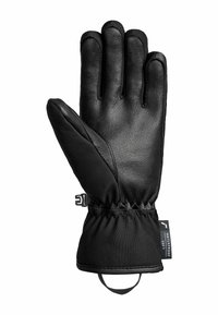 Zwarte leren handschoen met een gestructureerde palm, zachte stoffen achterkant en elastische polsoverkapping. Voorzien van een waterdichte label en verstelbare band.