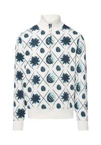 Witte pullover met een hoge kraag, voorzien van een halve rits. Versierd met donkerblauwe bloem- en bladpatronen in een diamanten roosterindeling.