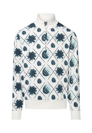Pull blanc à col montant, doté d'une fermeture éclair mi-haute. Décoré de motifs floraux et de feuilles bleu marine dans une mise en page en grille de diamants.