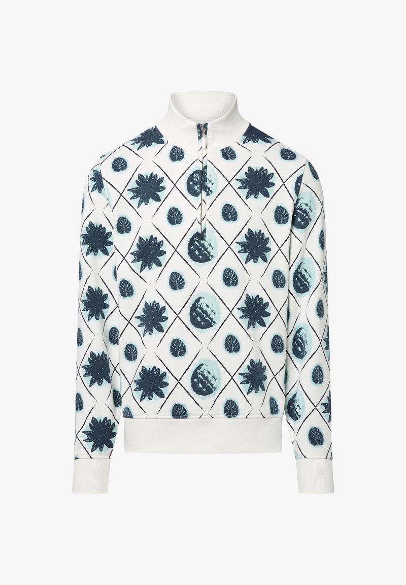 Pullover bianco con colletto alto, dotato di zip a metà. Decorato con motivi floreali e foglie blu scuro disposti in una griglia a rombi.
