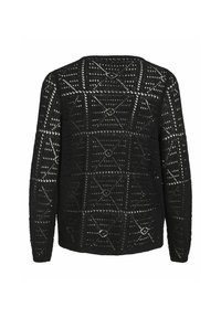 Pull en crochet noir à manches longues avec motifs géométriques de carrés et de lignes diagonales, vu de dos sur fond blanc.