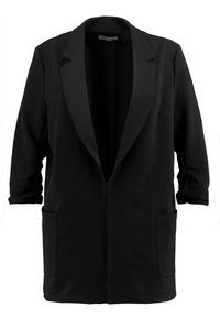 Czarna długa marynarka wykonana z teksturowanej tkaniny, z otwartym przodem, opuszczonymi szwami na ramionach oraz dwoma bocznymi kieszeniami.