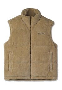 Beidzīgs vilnas veste krēmkrāsā ar augstu apkakli, priekšējo rāvējslēdzēju un divām sānu kabatām. Uz kreisā krūtīm ir melns zīmola "PEGADOR" logo.