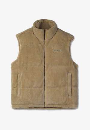 Beidzīgs vilnas veste krēmkrāsā ar augstu apkakli, priekšējo rāvējslēdzēju un divām sānu kabatām. Uz kreisā krūtīm ir melns zīmola "PEGADOR" logo.