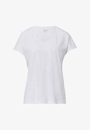 Biała bawełniana koszulka z dekoltem w serek i krótkimi rękawami. Posiada koronkowe wykończenie wzdłuż dekoltu. Prosty, nieskrzykliwy design.