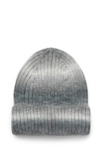 Cappello lavorato a maglia in tonalità grigie sfumate, con una consistenza morbida, un risvolto e una corona arrotondata con transizioni di colore senza soluzione di continuità.