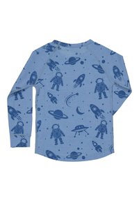 Pitkähihainen paita vaaleansinisestä kankaasta, jossa on laivansinisistä astronauteista, raketeista, planeetoista ja tähdistä koostuva kuvio. Sileä rakenne, pyöreä kaula-aukko.