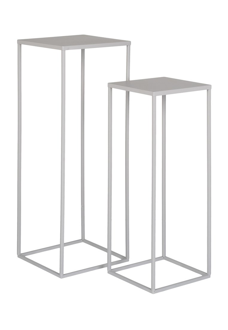 Zwei quadratische Pflanzenständer, einer höher als der andere. Aus grauem Metall, mit einem minimalistischen Design und offenen rechteckigen Rahmen.