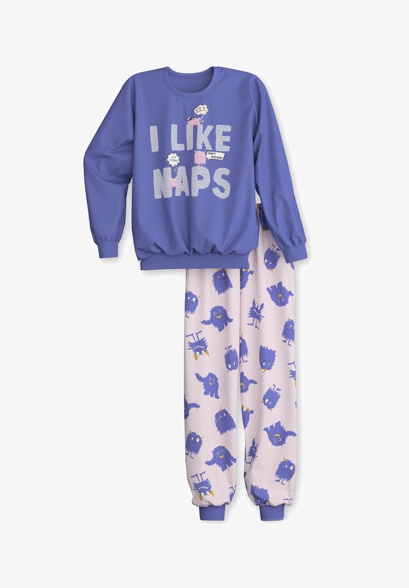 Purple cotton pajama set featuring a crewneck top with "I LIKE NAPS" text and cartoon monster graphics, paired with patterned drawstring pants.