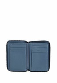 Portefeuille rond en cuir bleu ouvert, montrant plusieurs emplacements pour cartes et un logo Pacard Germany embossé à l'intérieur.