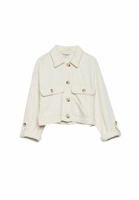 Giacca di jeans beige tagliata con chiusura a bottoni, due tasche sul petto e maniche arrotolate con dettaglio a bottone.