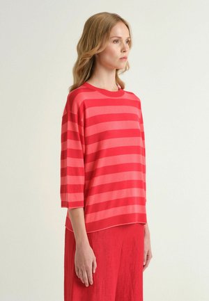 Donna che indossa una maglietta a maniche lunghe con strisce orizzontali rosse e rosa e una gonna rossa tinta unita, in piedi davanti a uno sfondo chiaro e uniforme.