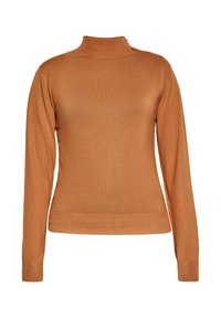 Brauner Pullover mit langen Ärmeln und hohem Kragen, gerippter Textur und drei Knöpfen auf der linken Schulter. Glattes Material. Figurbetonte Passform.