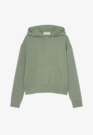 Zielona bluza z kapturem na półsupeł, z przednią kieszenią kangurka, długimi rękawami i wszytym kapturem, wykonana z miękkiego, casualowego materiału.