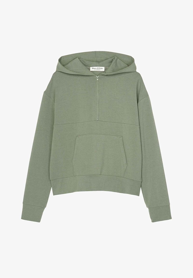 Sweat à capuche vert à demi-fermeture éclair, avec poche kangourou à l'avant, manches longues et capuche cousue, en tissu doux et décontracté.