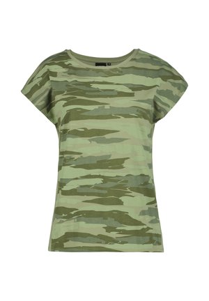 Grünes und hellgrünes Tarnmuster kurzärmeliges T-Shirt mit Rundhalsausschnitt, flach liegend ohne Ablenkungen im Hintergrund dargestellt.