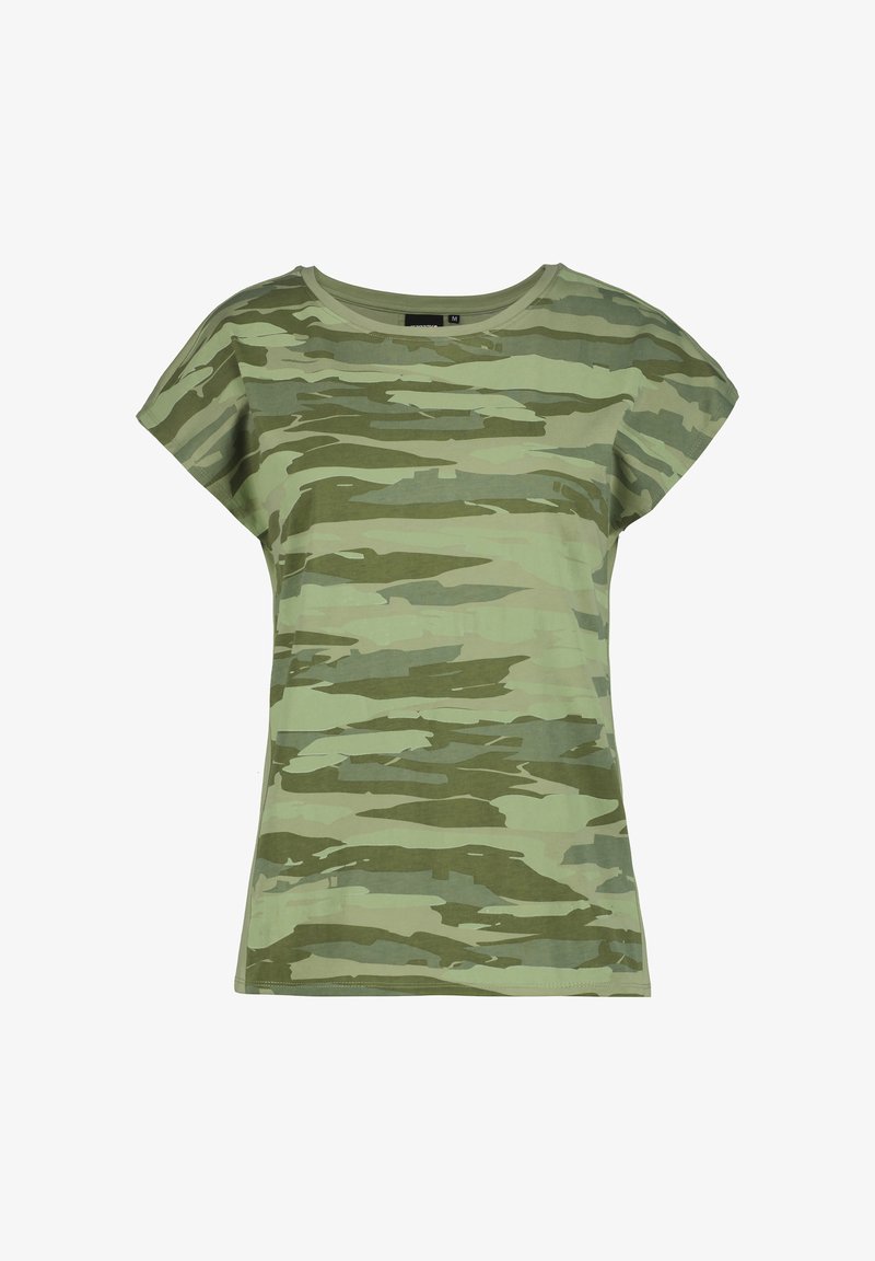 Kortærmet T-shirt med grøn og lysegrøn camouflage, rund hals, vist fladt uden baggrundsforstyrrelser.