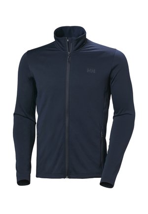 Navy blue full-zip jacket with high collar, long sleeves, and zippered side pockets. Small subtle logo on the left chest.