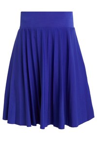 Blue flared skirt with a fitted waistband. Made from textured fabric, it features pleats that extend from the waistband to the hem.