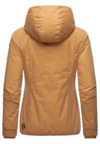 Padded jacket in tan color with a hood, featuring a smooth finish, elastic cuffs, and a logo detail on the lower left side.