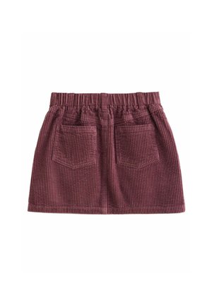 Samtrock in tiefem Mauve mit elastischem Bund, zwei Gesäßtaschen und vertikal gerippter Textur.