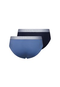 Due coppie di mutandine da donna in blu navy e azzurro. Tessuto morbido e elasticizzato con un cinturino elastico che presenta un dettaglio logo argentato.