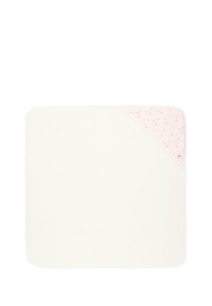 Coperta quadrata per neonati con angoli arrotondati, di colore crema e una sezione angolare rosa stampata con piccoli motivi floreali.