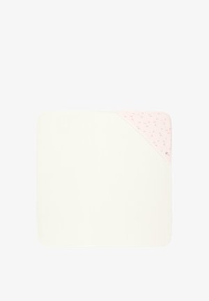 Coperta quadrata per neonati con angoli arrotondati, di colore crema e una sezione angolare rosa stampata con piccoli motivi floreali.