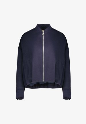 Giacca bomber blu navy realizzata in tessuto strutturato, con chiusura frontale con zip, spalle scese e tasche laterali. Design a lunghezza corta.