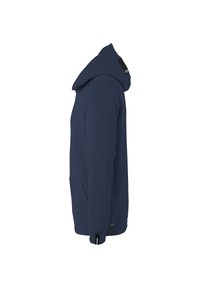 Marinblaue Kapuzenjacke mit einer Fronttasche, verstellbarem Kordelzug in der Kapuze und gerippten Bündchen. Hergestellt aus weichem Stoff, mit einem dezenten Logo-Label.