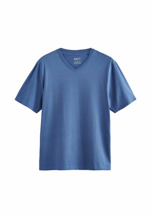 Camiseta de cuello en V y manga corta en azul sólido, hecha de una tela suave con un corte regular. Diseño sencillo sin adornos.