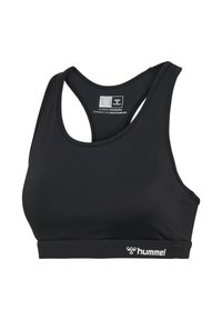Czarny sportowy biustonosz typu racerback z logo hummel na elastycznym pasku oraz wewnętrzną metką z napisem „Hummel Training Connecting Body & Mind.”