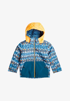 Blauwe gewatteerde jas met een feloranje capuchon. Heeft geometrische ontwerpen, een voorkant rits en twee zakken op de taille.