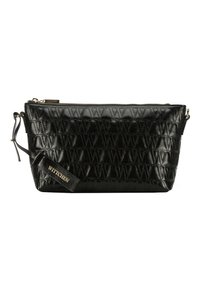 Pochette cosmetica in pelle nera con motivo in rilievo "W", hardware dorato, chiusura con cerniera e tracolla con etichetta logo.