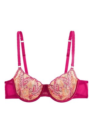 Reggiseno rosa con ferretto e spalline regolabili, caratterizzato da tessuto trasparente e motivi ricamati di uccelli e fiori sulle coppe.