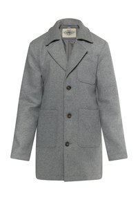 Grå uldfrakke med sømkantkrave, tre frontknapper og to store lommer. Har et blødt, tekstureret stof og et minimalistisk design.
