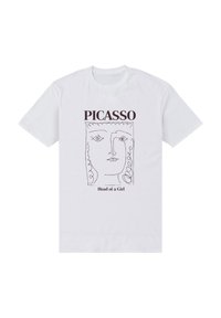 Hvid bomulds t-shirt med en minimalistisk linjekunst af et ansigt, med "PICASSO" og "Head of a Girl" trykt i mørk burgunder.