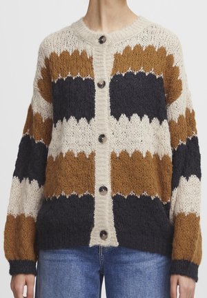 Strikket cardigan med vandrette striber i beige, brun og marineblå. Den har en rund hals, knaplukning og ribbede manchetter.