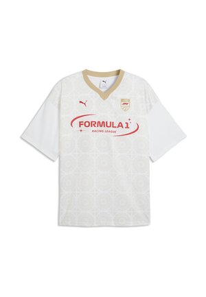 Biały jersey Puma Formula 1 Racing League ze złotym kołnierzem, subtelnymi okrągłymi wzorami, czerwonymi logo i emblematem F1 na piersi.