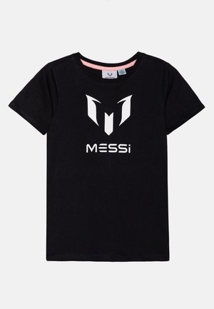 T-shirt noir à manches courtes en coton, avec un col rond, arborant un grand logo blanc de Messi et du texte, texture lisse et coupe classique.